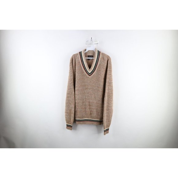 Vintage 60s 70s Dapper Mens Large Wool Blend Chunky Ribbed Knit V-Neck Sweater